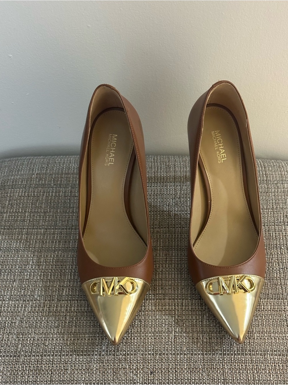 MICHAEL Michael Kors Brown Leather Pointed Toe Pumps with Gold MK Cap